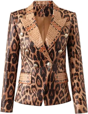 Spring Women Double Breasted Blazer Jacket Animal Snakeskin Pattern PU Leather Jacket