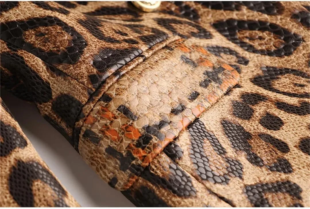 Spring Women Double Breasted Blazer Jacket Animal Snakeskin Pattern PU Leather Jacket