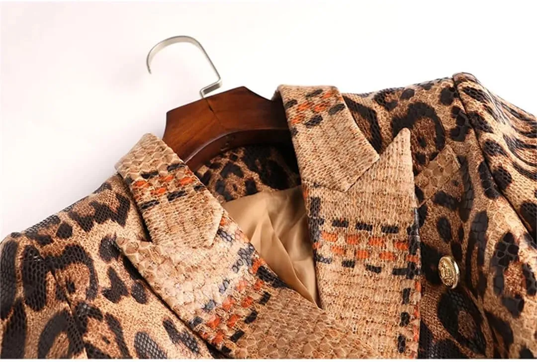 Spring Women Double Breasted Blazer Jacket Animal Snakeskin Pattern PU Leather Jacket