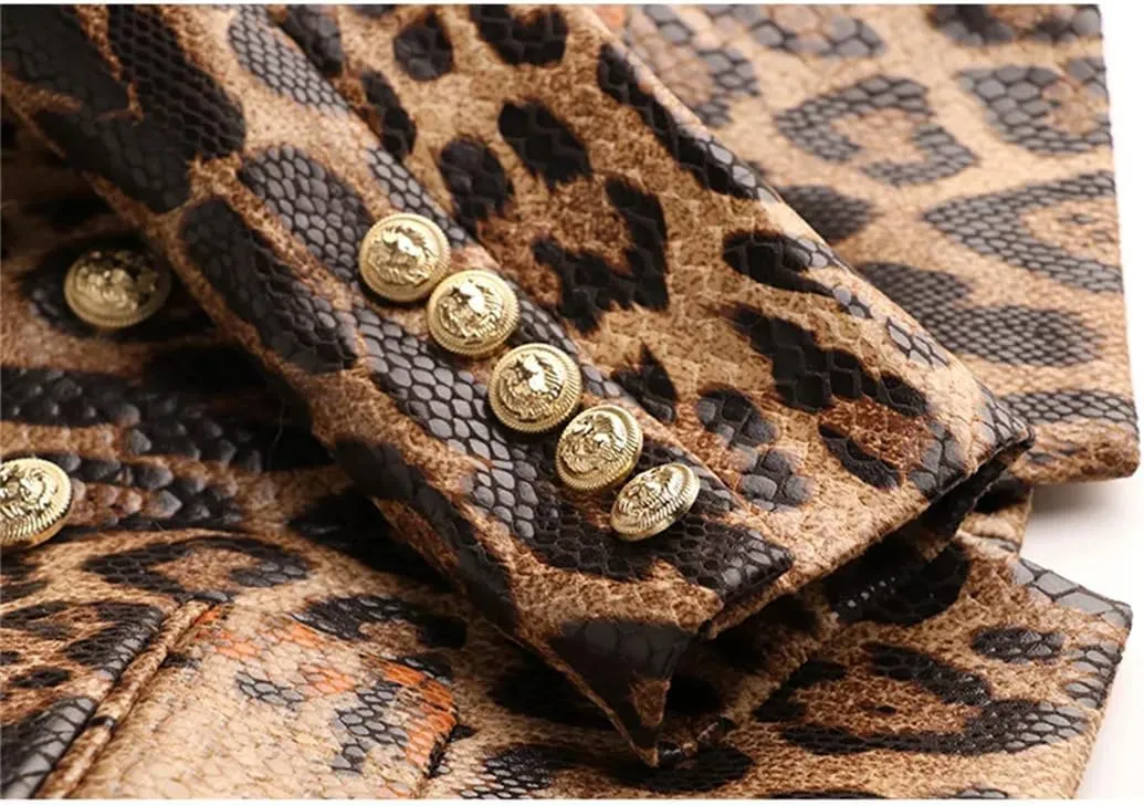 Spring Women Double Breasted Blazer Jacket Animal Snakeskin Pattern PU Leather Jacket