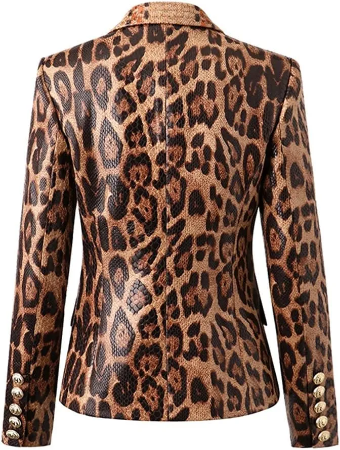 Spring Women Double Breasted Blazer Jacket Animal Snakeskin Pattern PU Leather Jacket