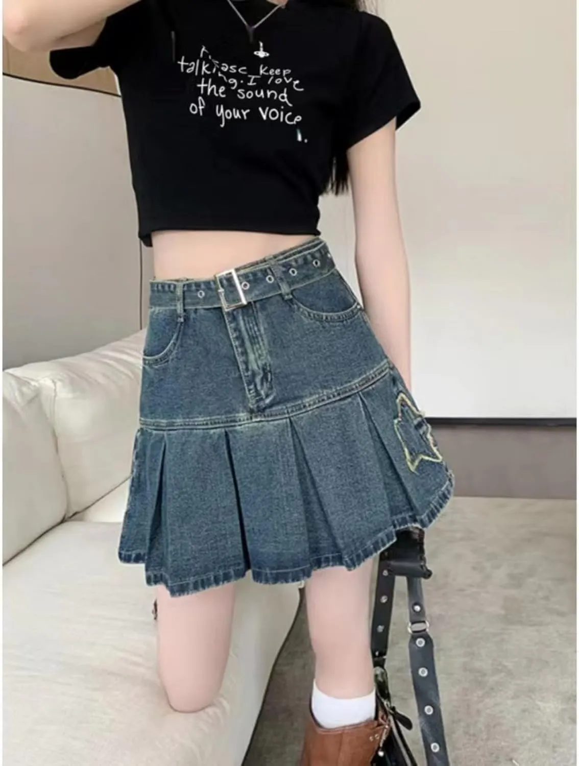 Star Skirt - Pleated Denim Mini Skirt for Summer - Y2K Trendy Kawaii Style