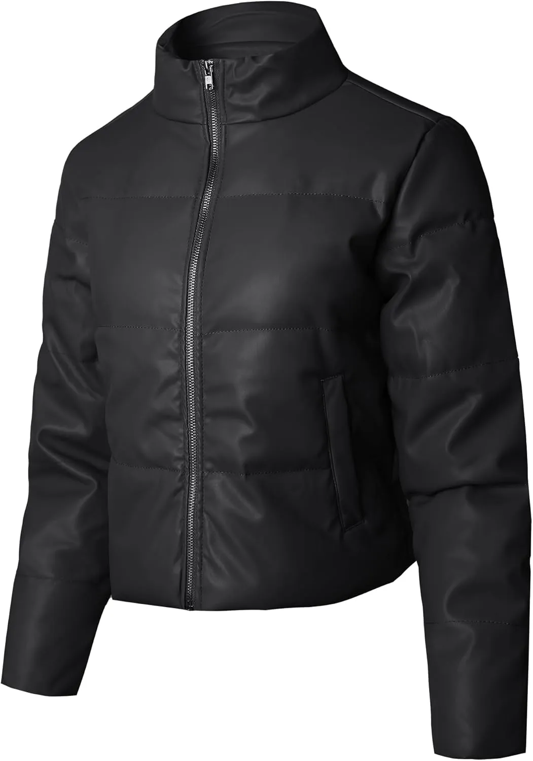 STARJJ Womens High Neck Quilted Faux Leather Puffer Jacket