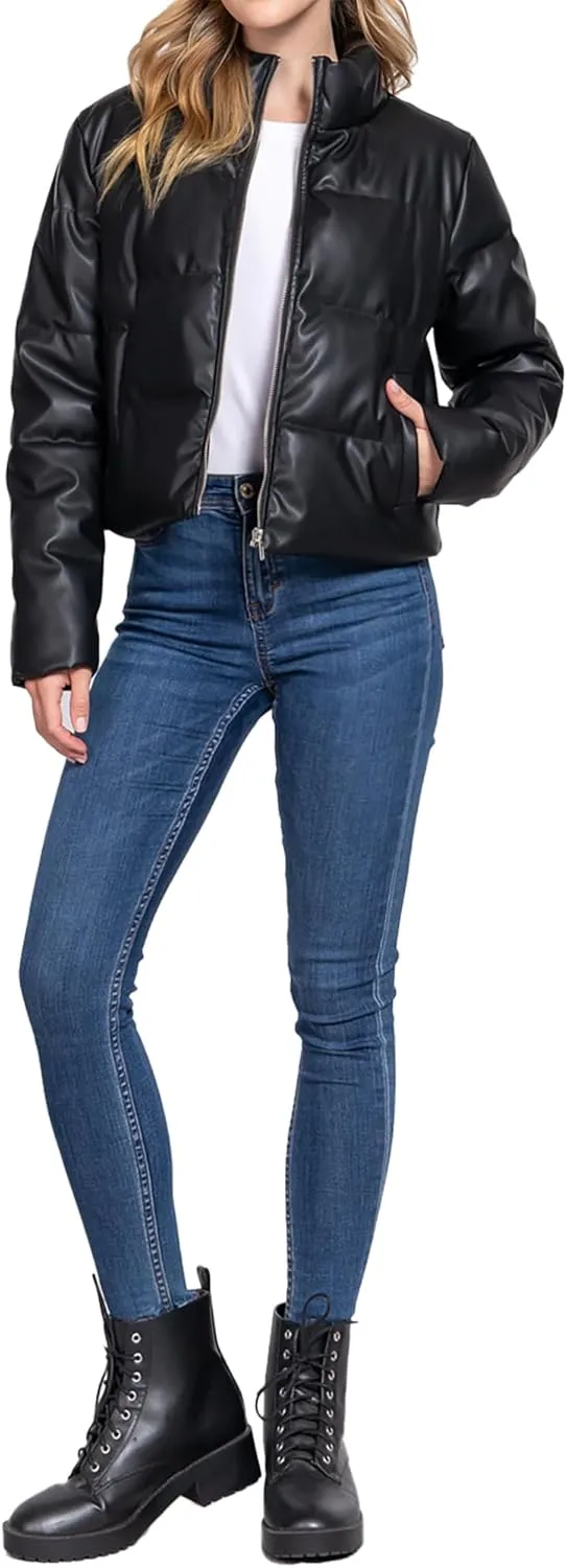 STARJJ Womens High Neck Quilted Faux Leather Puffer Jacket