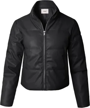 STARJJ Womens High Neck Quilted Faux Leather Puffer Jacket