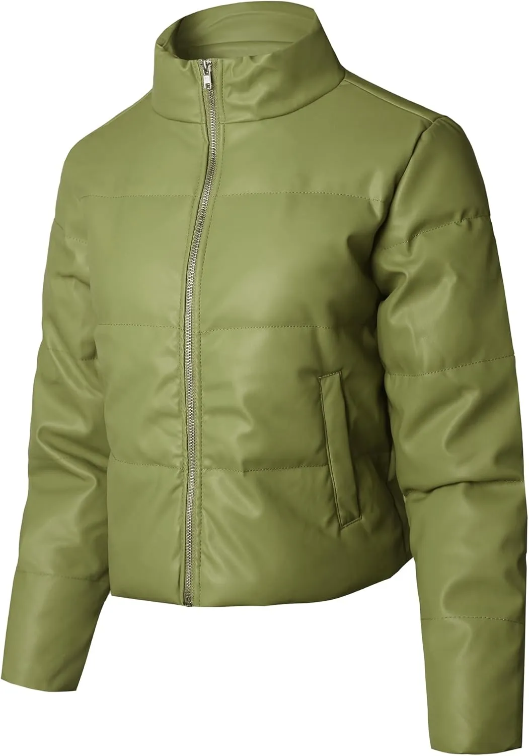 STARJJ Womens High Neck Quilted Faux Leather Puffer Jacket