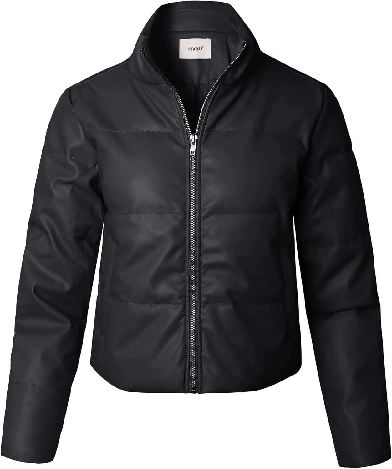 STARJJ Womens High Neck Quilted Faux Leather Puffer Jacket