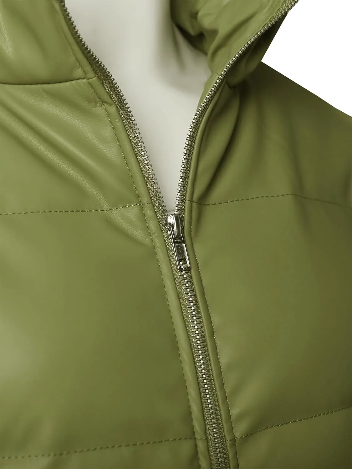 STARJJ Womens High Neck Quilted Faux Leather Puffer Jacket