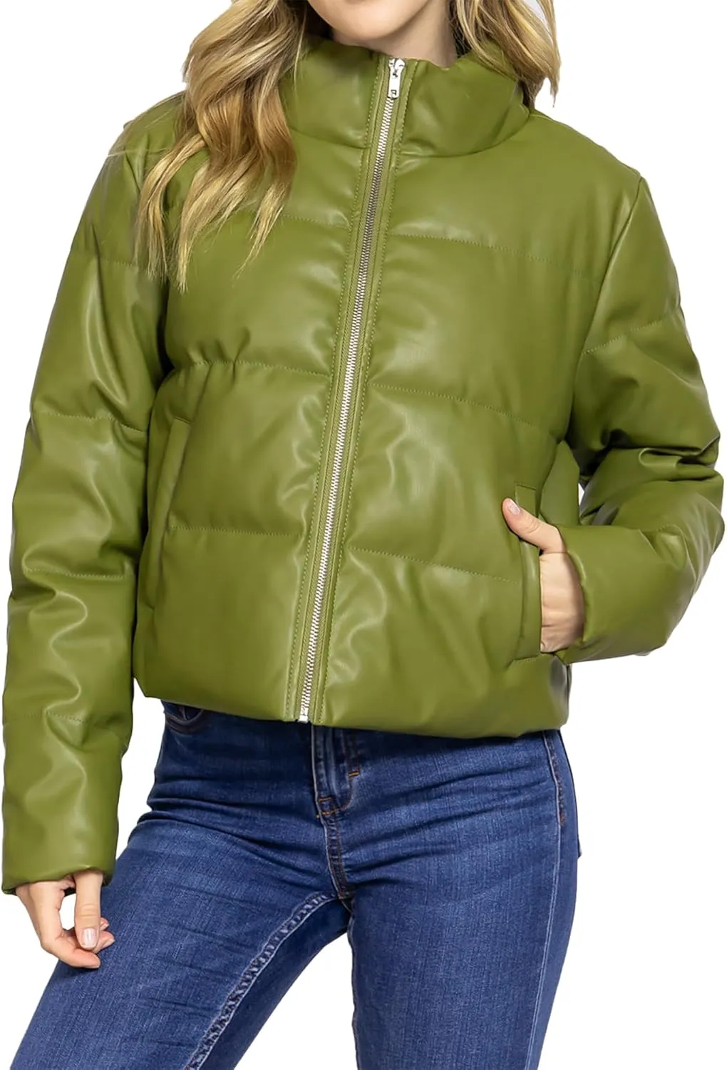 STARJJ Womens High Neck Quilted Faux Leather Puffer Jacket