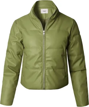 STARJJ Womens High Neck Quilted Faux Leather Puffer Jacket