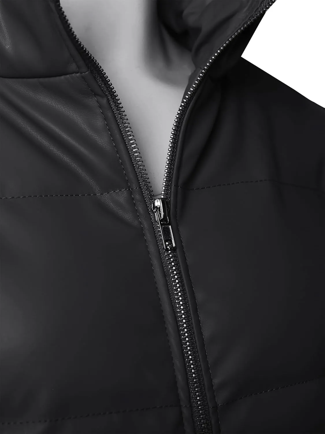 STARJJ Womens High Neck Quilted Faux Leather Puffer Jacket