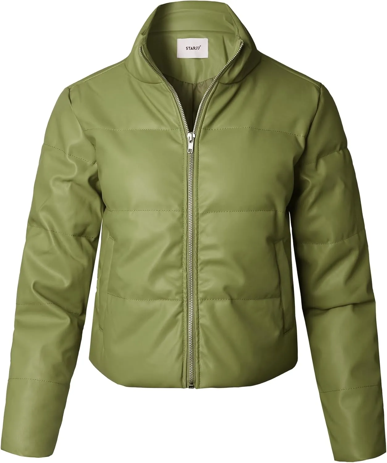 STARJJ Womens High Neck Quilted Faux Leather Puffer Jacket