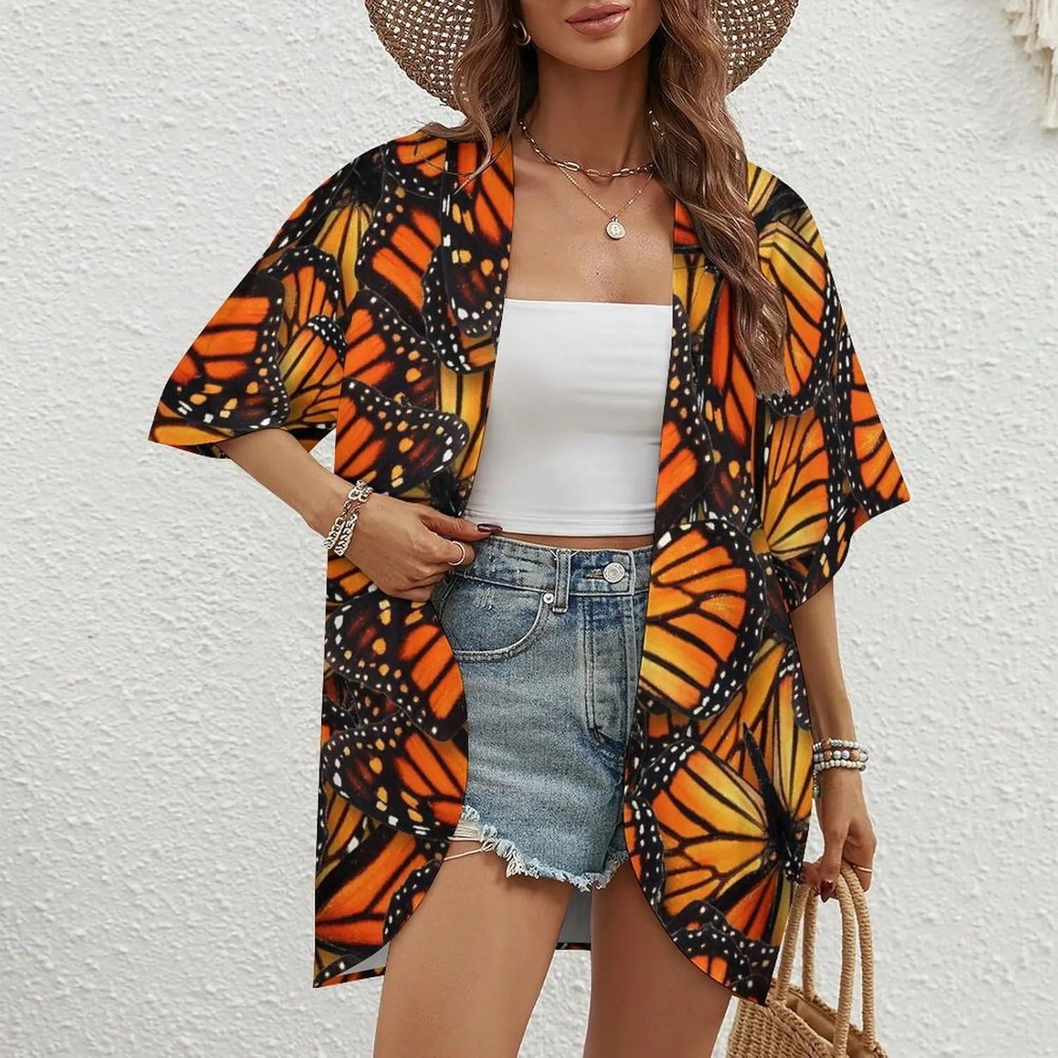 Summer Casual Short Sleeve Beach Kimono Coverup, Loose Fit Blouse Top Fashion Open Front Cardigan