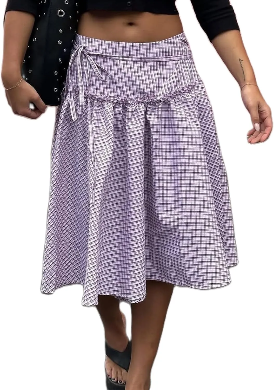 Sunloudy Women Gingham Print Midi Skirt Low Rise Plaid A Line Maxi Skirt Trendy Pleated Swing Long Skirt