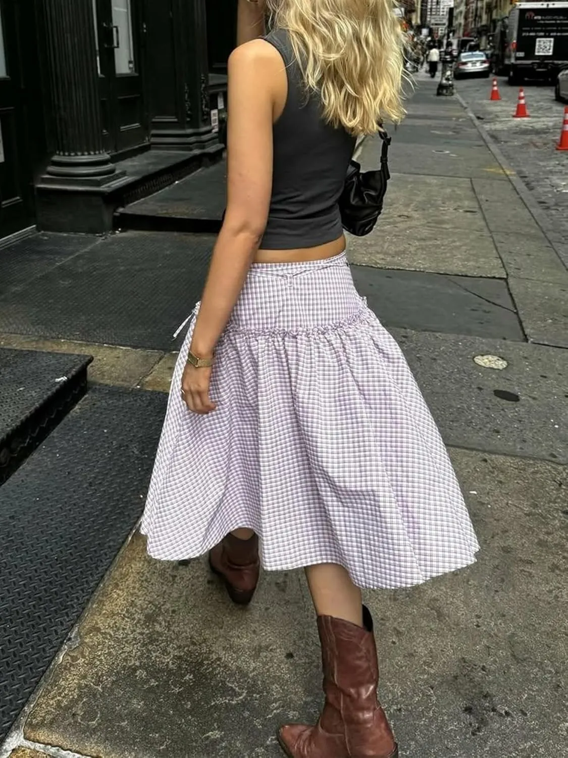Sunloudy Women Gingham Print Midi Skirt Low Rise Plaid A Line Maxi Skirt Trendy Pleated Swing Long Skirt