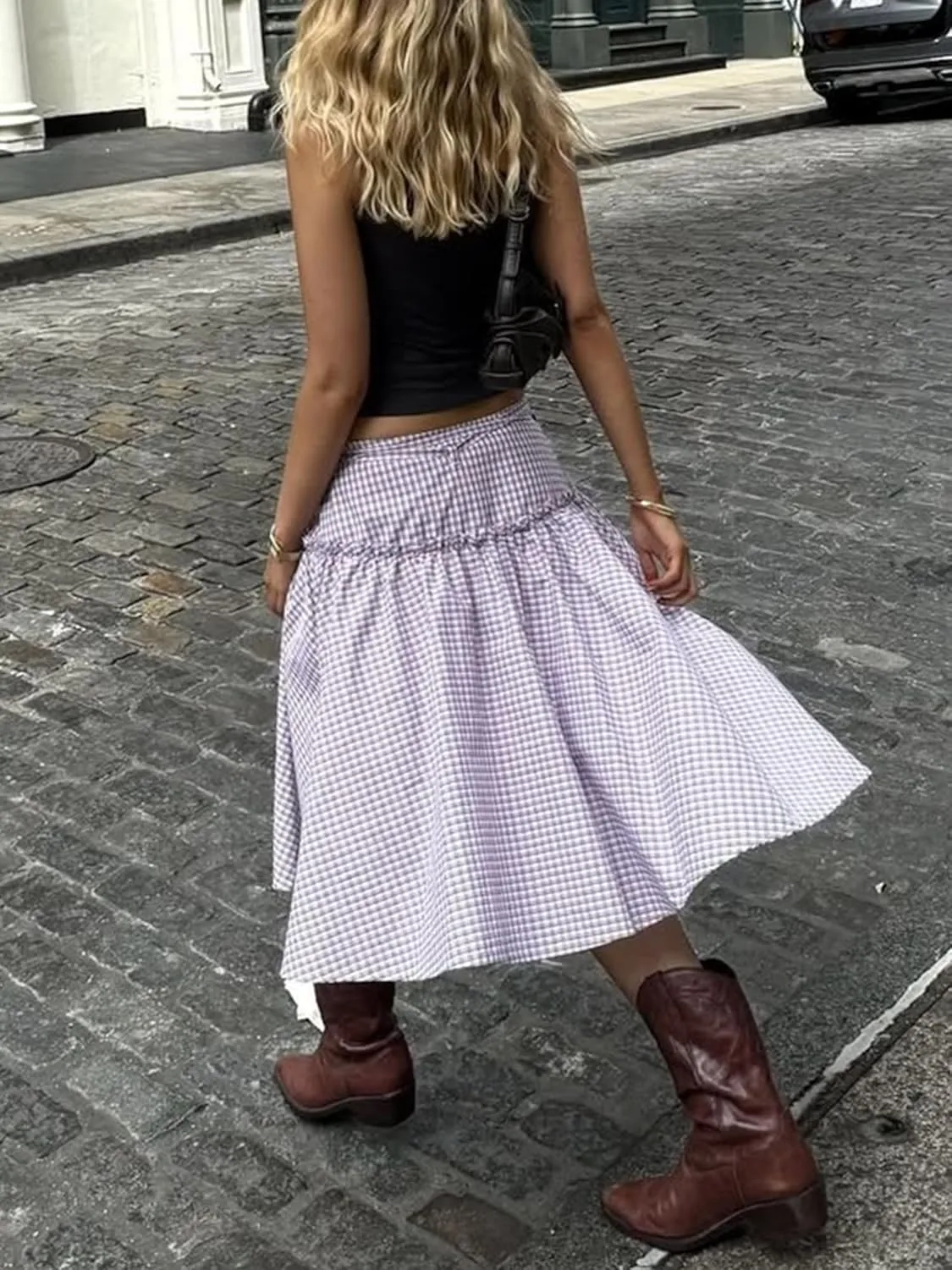 Sunloudy Women Gingham Print Midi Skirt Low Rise Plaid A Line Maxi Skirt Trendy Pleated Swing Long Skirt