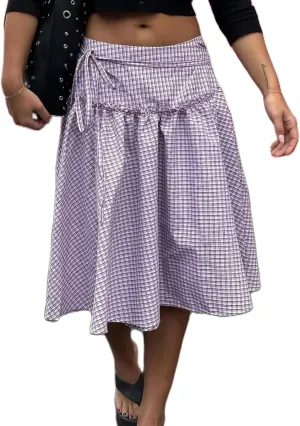 Sunloudy Women Gingham Print Midi Skirt Low Rise Plaid A Line Maxi Skirt Trendy Pleated Swing Long Skirt