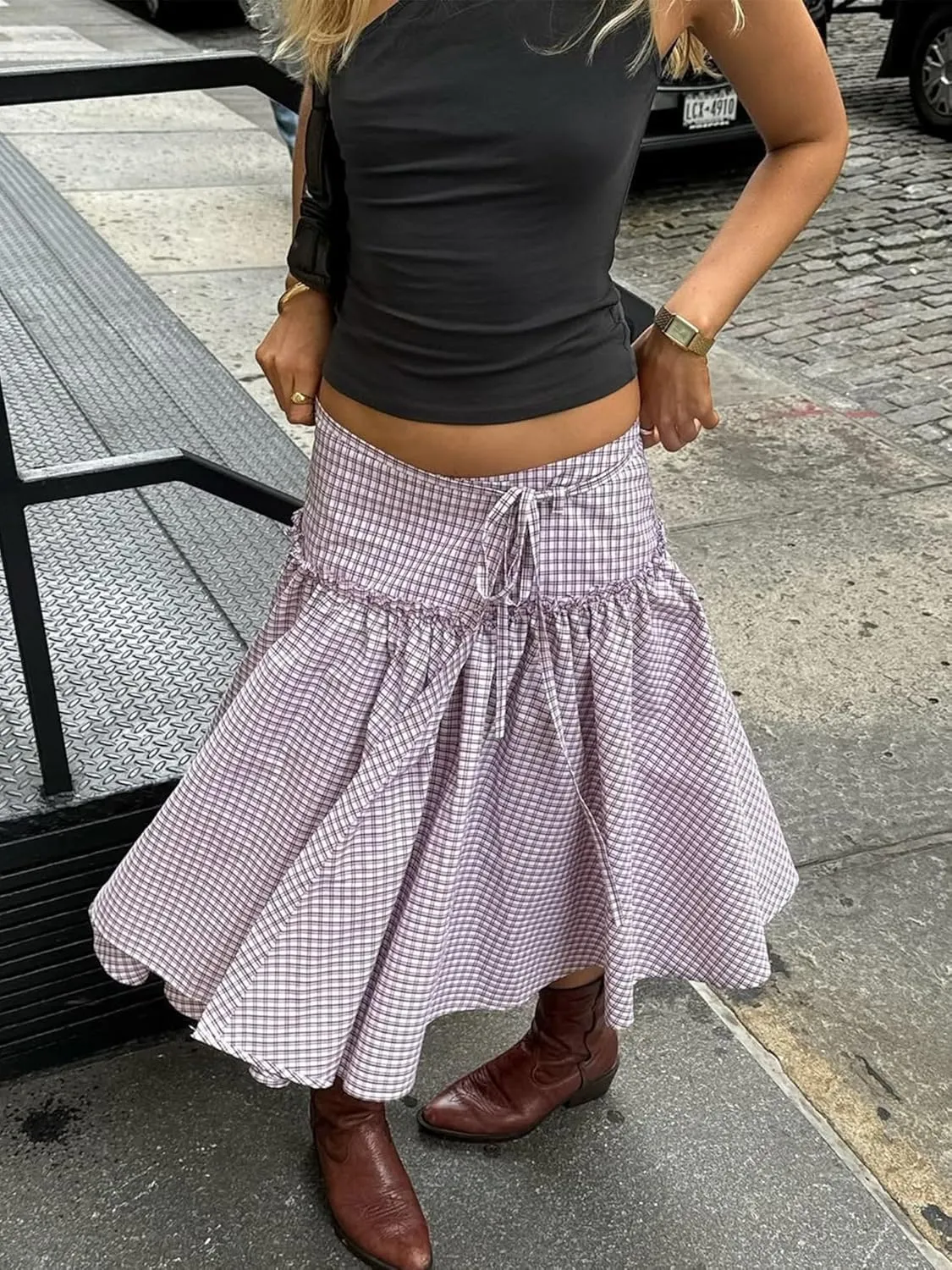 Sunloudy Women Gingham Print Midi Skirt Low Rise Plaid A Line Maxi Skirt Trendy Pleated Swing Long Skirt