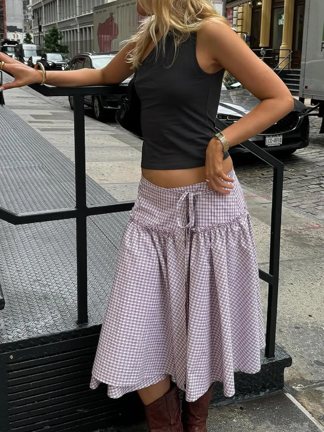 Sunloudy Women Gingham Print Midi Skirt Low Rise Plaid A Line Maxi Skirt Trendy Pleated Swing Long Skirt