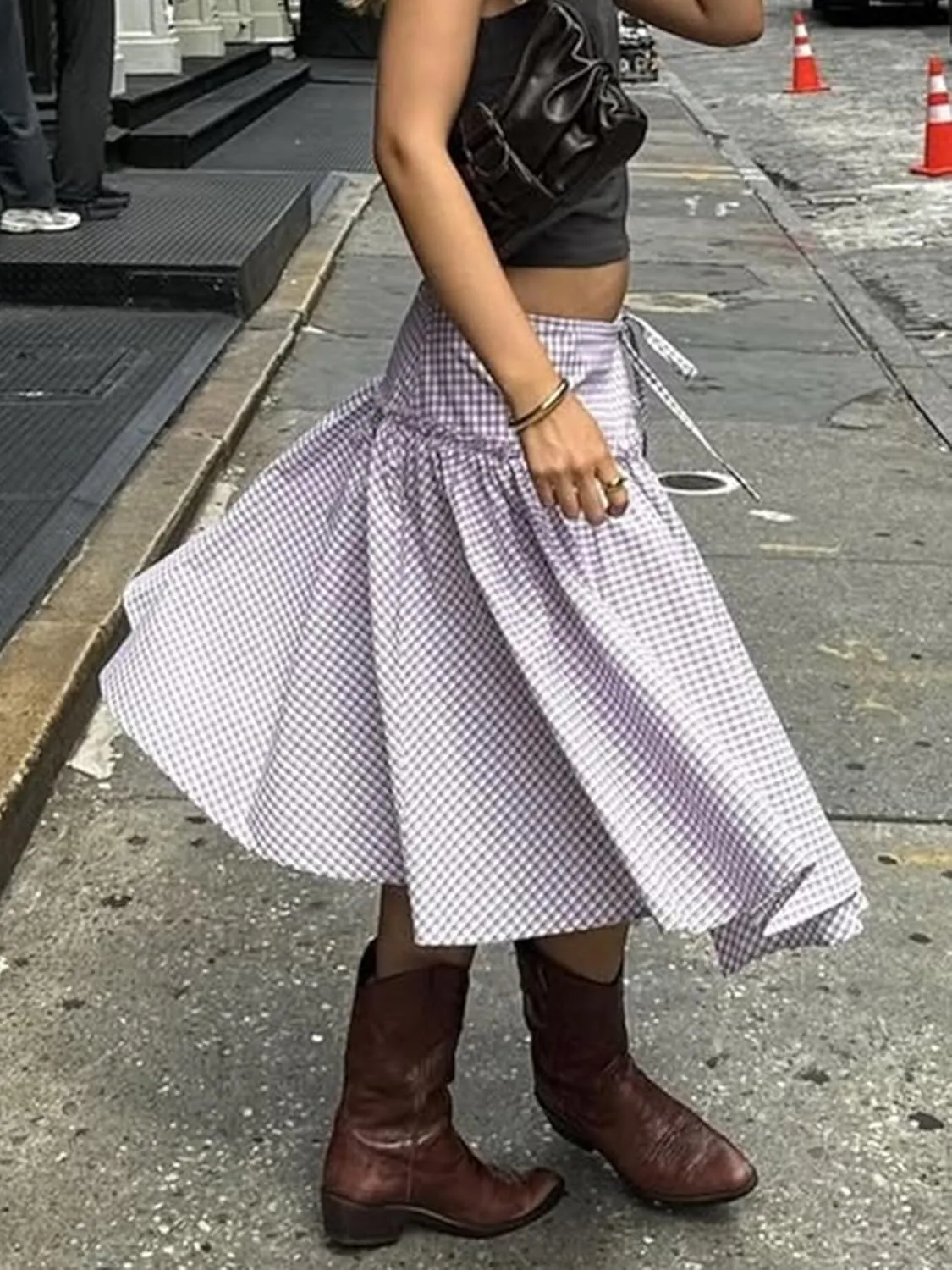 Sunloudy Women Gingham Print Midi Skirt Low Rise Plaid A Line Maxi Skirt Trendy Pleated Swing Long Skirt