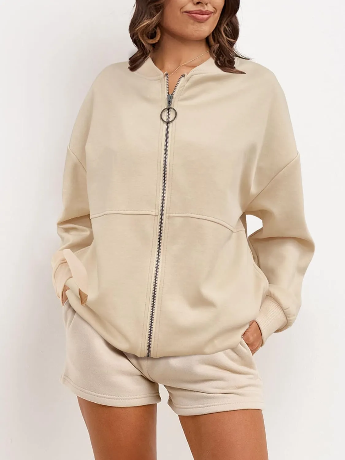 SuperPrity Women Crewneck Zip Up Sweatshirts Long Sleeve Oversized Jacket Coat Pocket Casual Hoodie 2024 Fall Trendy Outfits