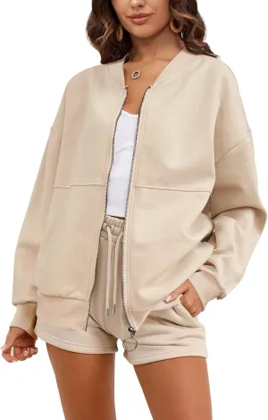 SuperPrity Women Crewneck Zip Up Sweatshirts Long Sleeve Oversized Jacket Coat Pocket Casual Hoodie 2024 Fall Trendy Outfits