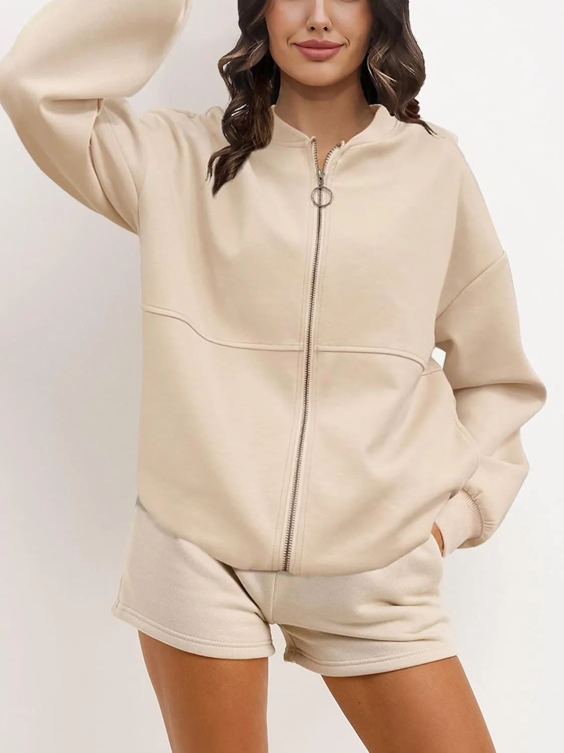 SuperPrity Women Crewneck Zip Up Sweatshirts Long Sleeve Oversized Jacket Coat Pocket Casual Hoodie 2024 Fall Trendy Outfits