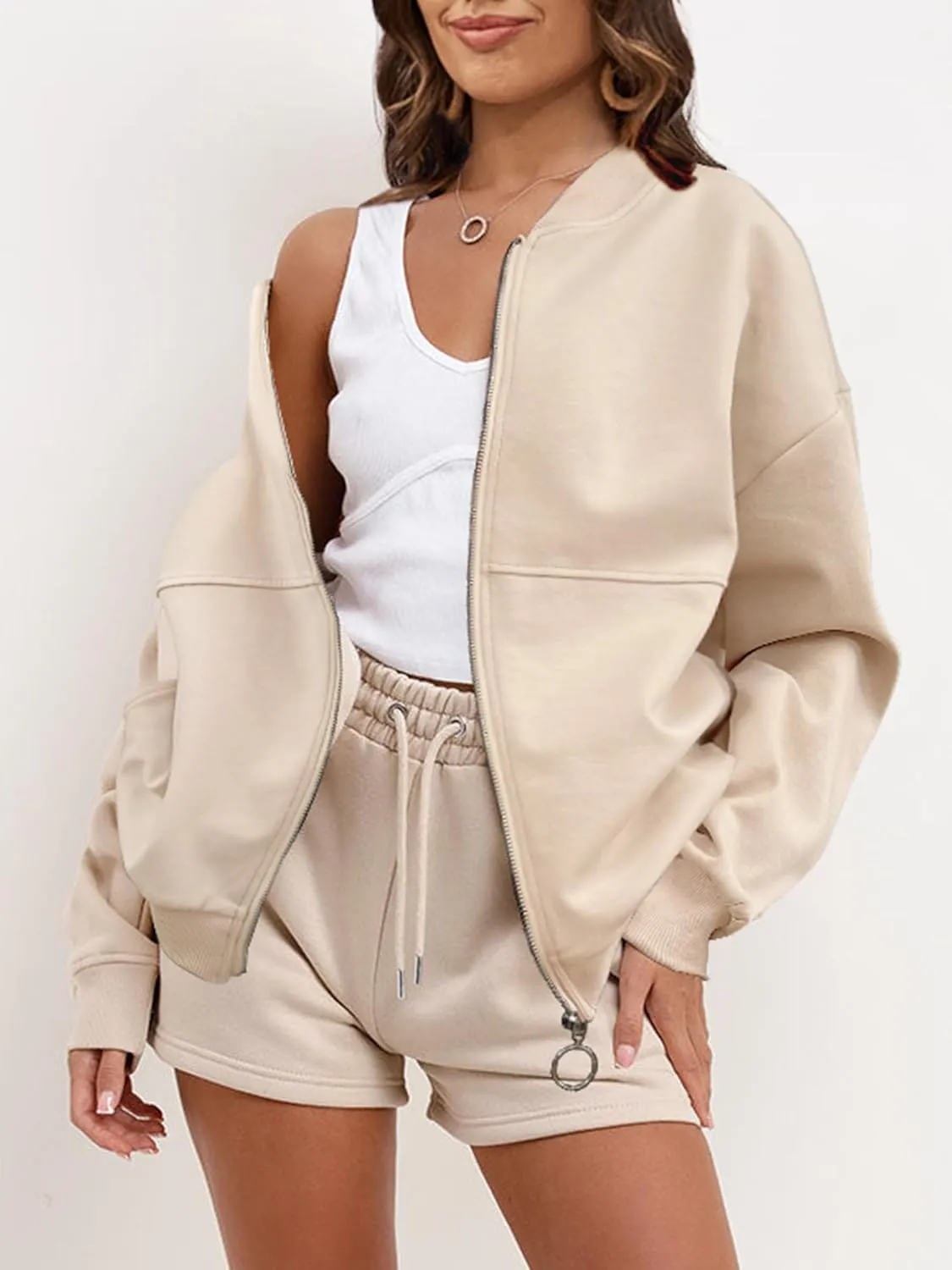 SuperPrity Women Crewneck Zip Up Sweatshirts Long Sleeve Oversized Jacket Coat Pocket Casual Hoodie 2024 Fall Trendy Outfits
