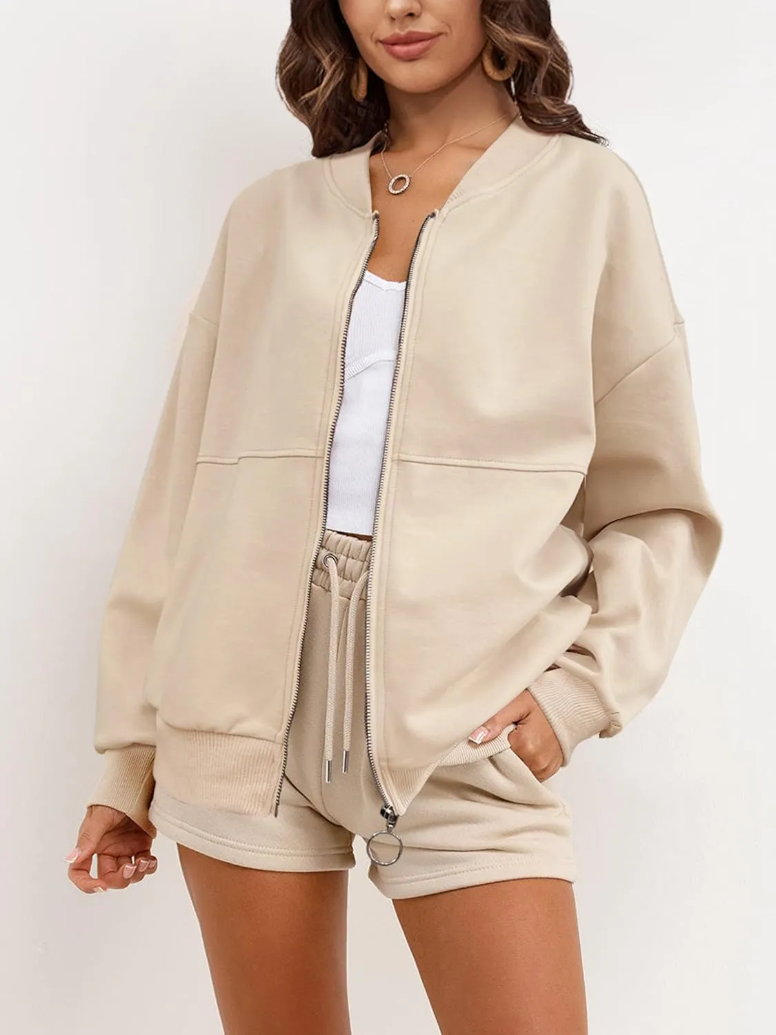 SuperPrity Women Crewneck Zip Up Sweatshirts Long Sleeve Oversized Jacket Coat Pocket Casual Hoodie 2024 Fall Trendy Outfits