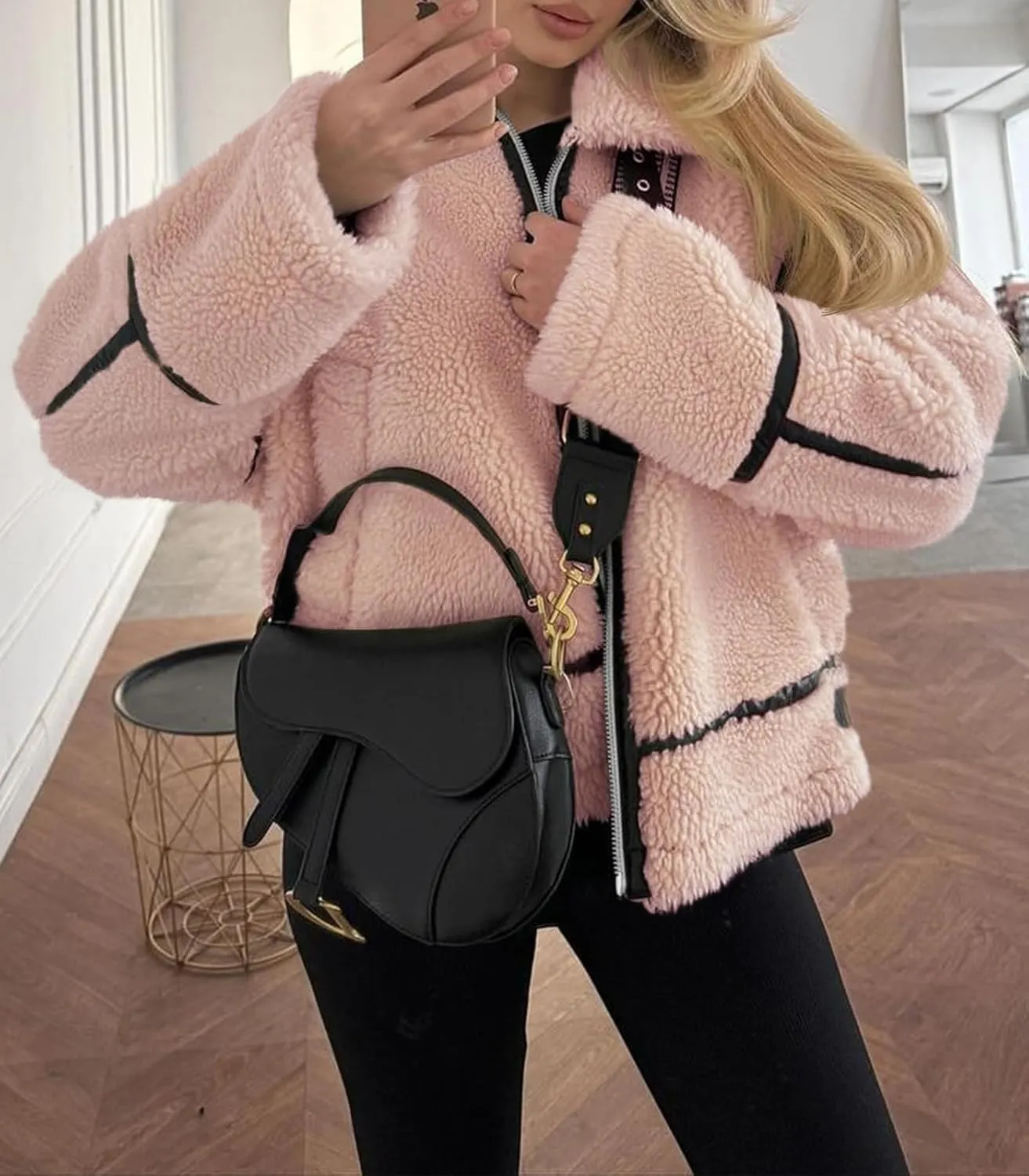 Tankaneo Womens Faux Fur Jackets Winter Trendy Sherpa Moto Leather Patchwork Zip Up Coat