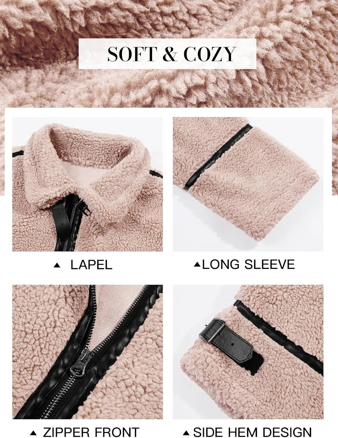 Tankaneo Womens Faux Fur Jackets Winter Trendy Sherpa Moto Leather Patchwork Zip Up Coat