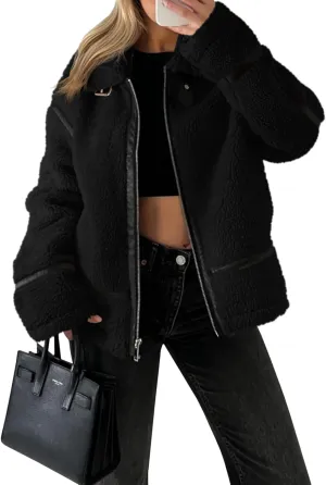 Tankaneo Womens Faux Fur Jackets Winter Trendy Sherpa Moto Leather Patchwork Zip Up Coat