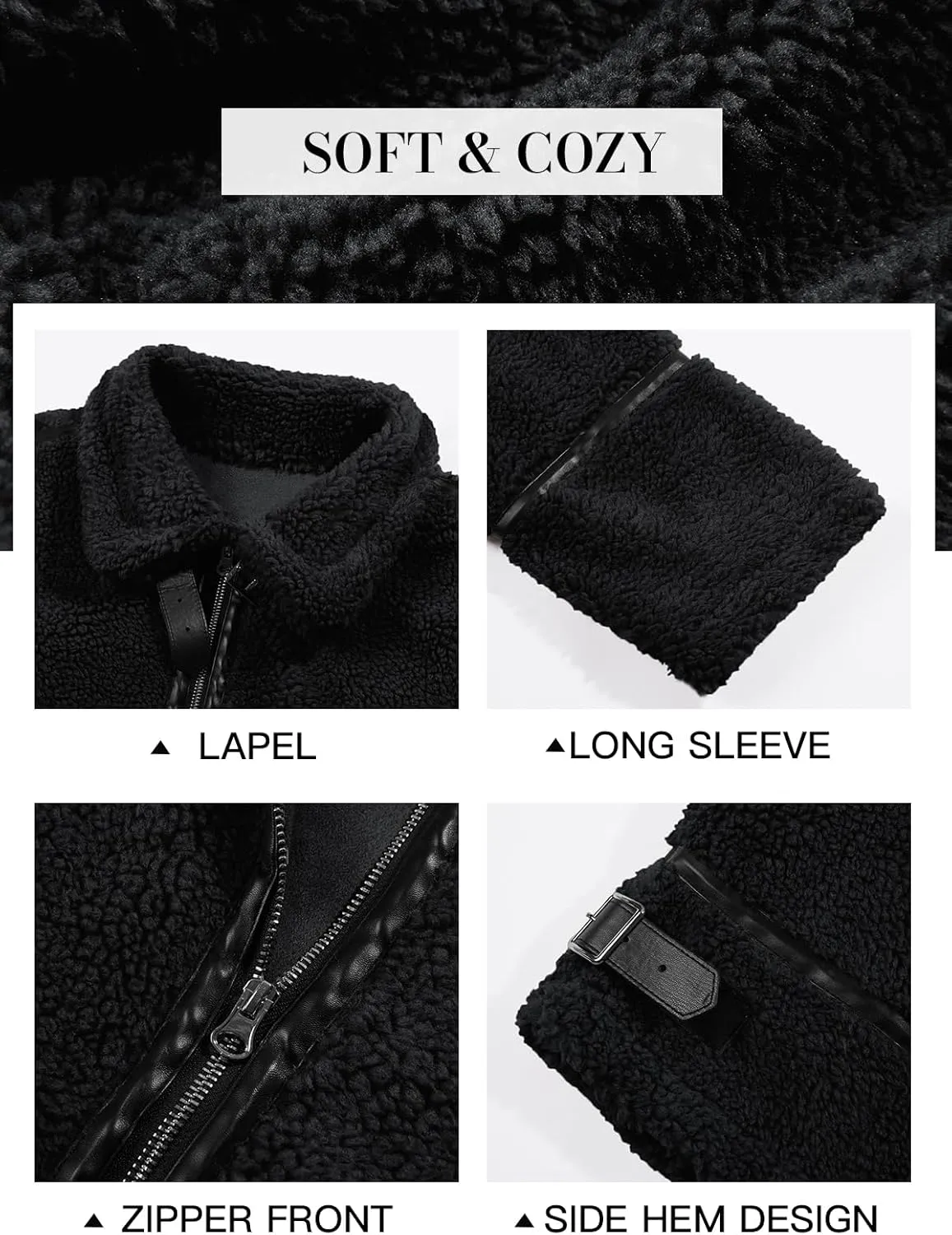 Tankaneo Womens Faux Fur Jackets Winter Trendy Sherpa Moto Leather Patchwork Zip Up Coat