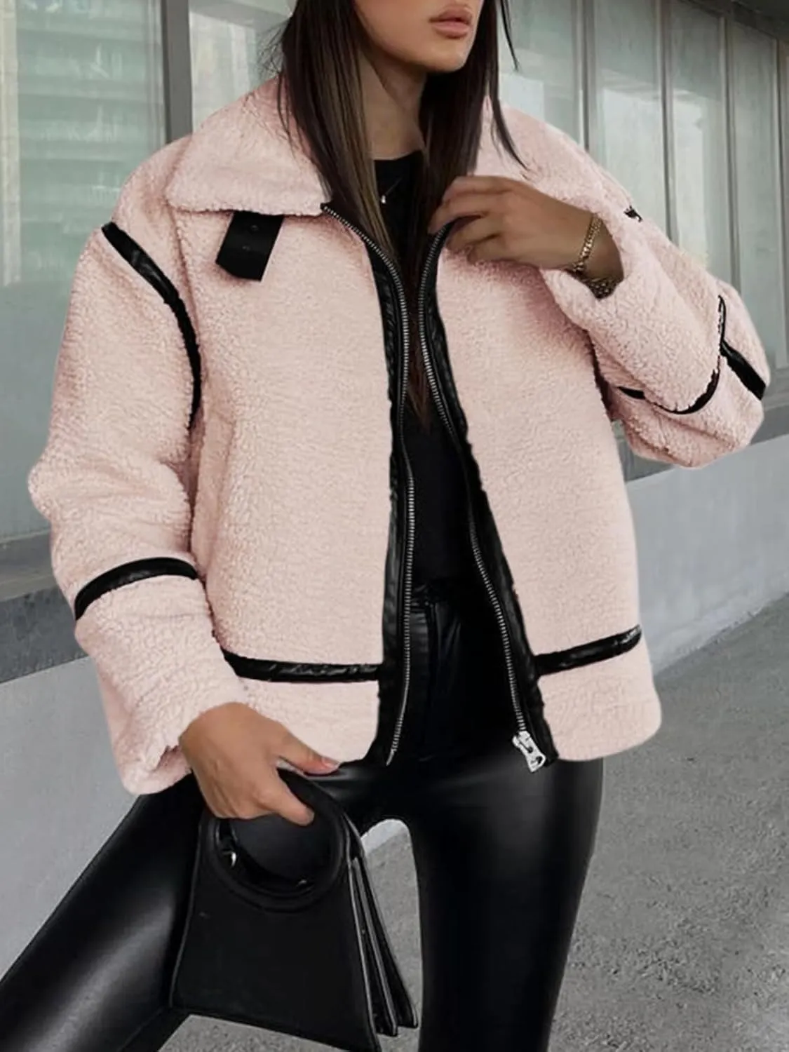Tankaneo Womens Faux Fur Jackets Winter Trendy Sherpa Moto Leather Patchwork Zip Up Coat