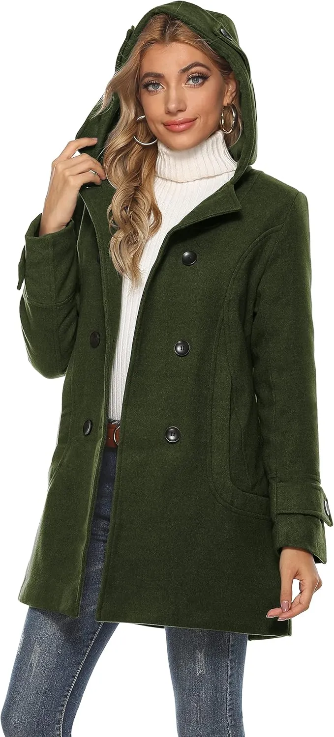 Tanming Women's Warm Double Breasted Wool Pea Coat Trench Coat Jacket with Hood