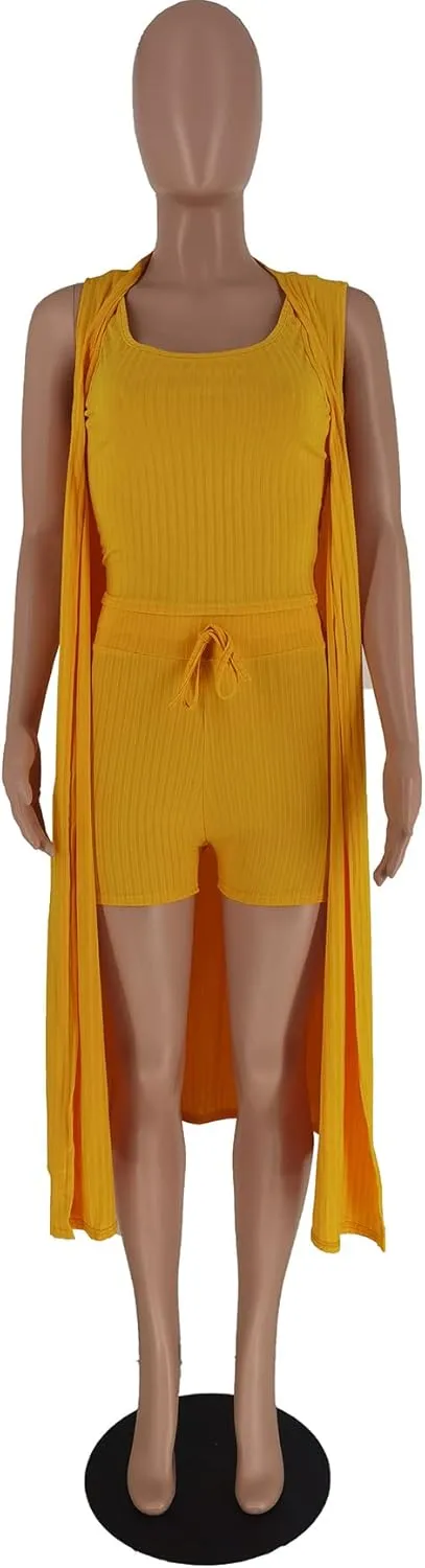 Tcremisa Women's 3 Piece Outfits Crop Top Vest Cardigan and High Waist Shorts Ribbed Knit Lounge Pajama Set
