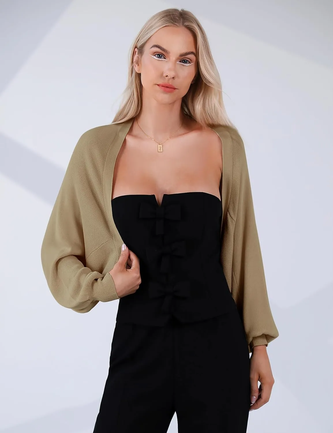 Totatuit Women's Y2K Bolero Shrugs Long Batwing Sleeve Knit Cropped Cardigan Drop Shoulder Cardigan with Back Slit
