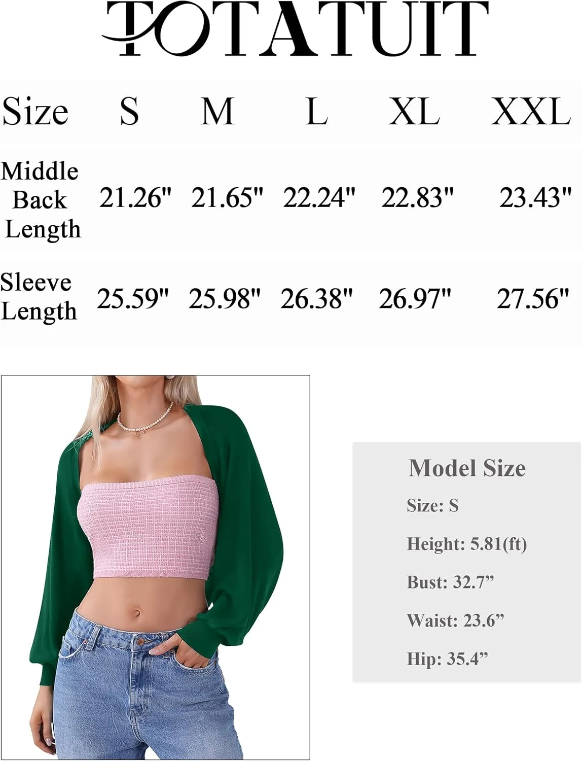 Totatuit Women's Y2K Bolero Shrugs Long Batwing Sleeve Knit Cropped Cardigan Drop Shoulder Cardigan with Back Slit