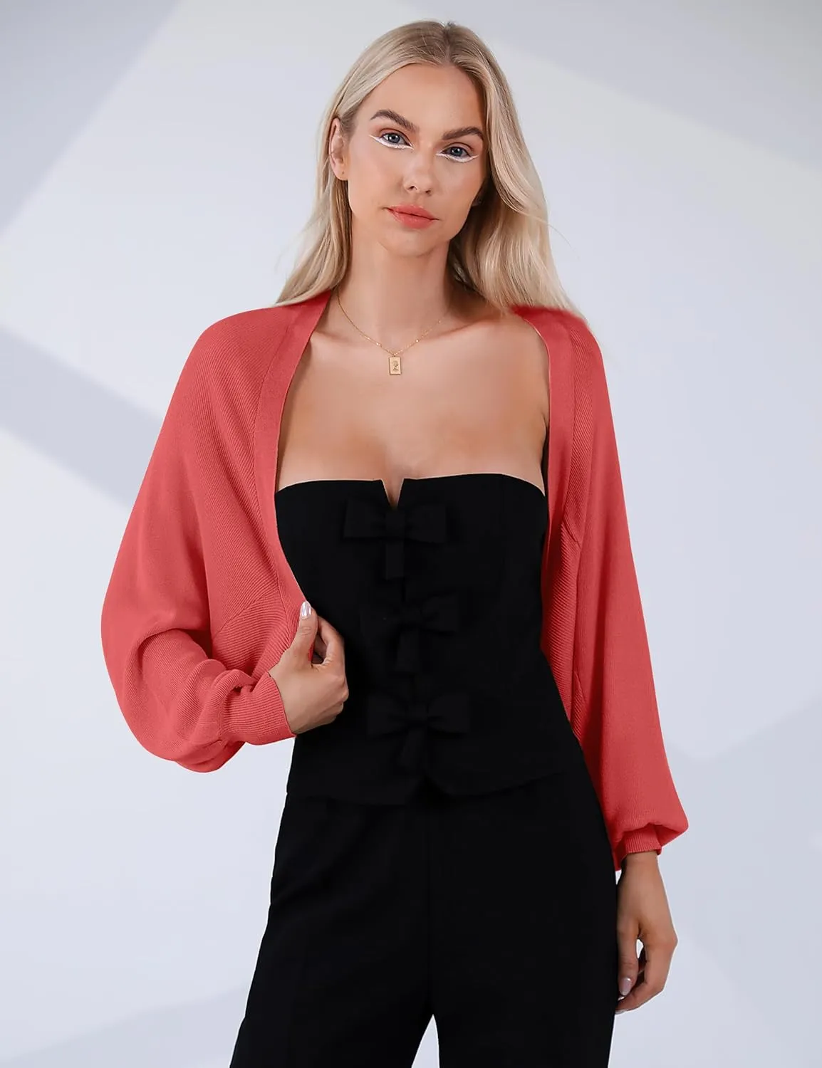 Totatuit Women's Y2K Bolero Shrugs Long Batwing Sleeve Knit Cropped Cardigan Drop Shoulder Cardigan with Back Slit