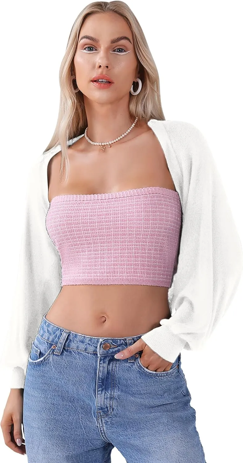Totatuit Women's Y2K Bolero Shrugs Long Batwing Sleeve Knit Cropped Cardigan Drop Shoulder Cardigan with Back Slit