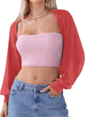 Totatuit Women's Y2K Bolero Shrugs Long Batwing Sleeve Knit Cropped Cardigan Drop Shoulder Cardigan with Back Slit