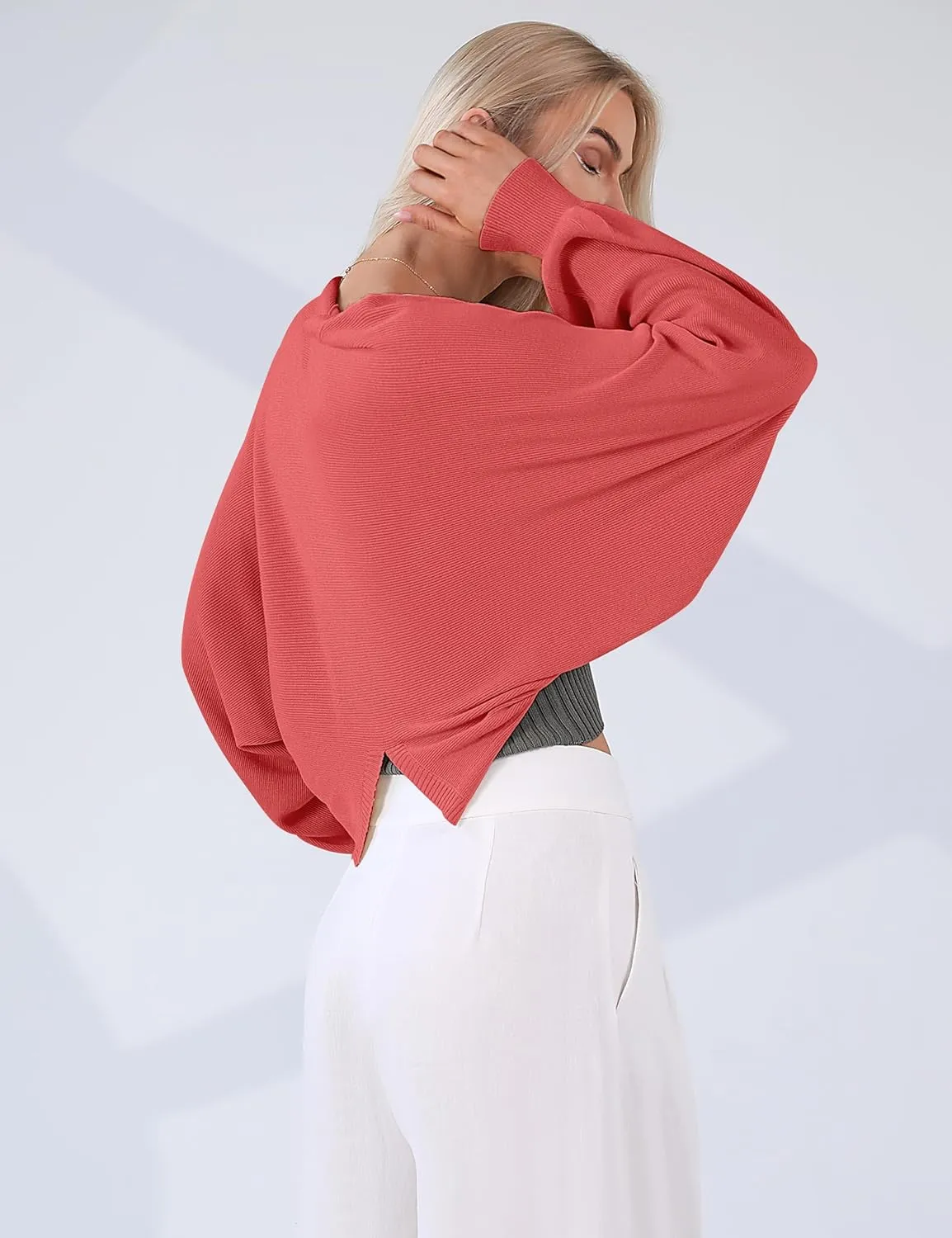 Totatuit Women's Y2K Bolero Shrugs Long Batwing Sleeve Knit Cropped Cardigan Drop Shoulder Cardigan with Back Slit
