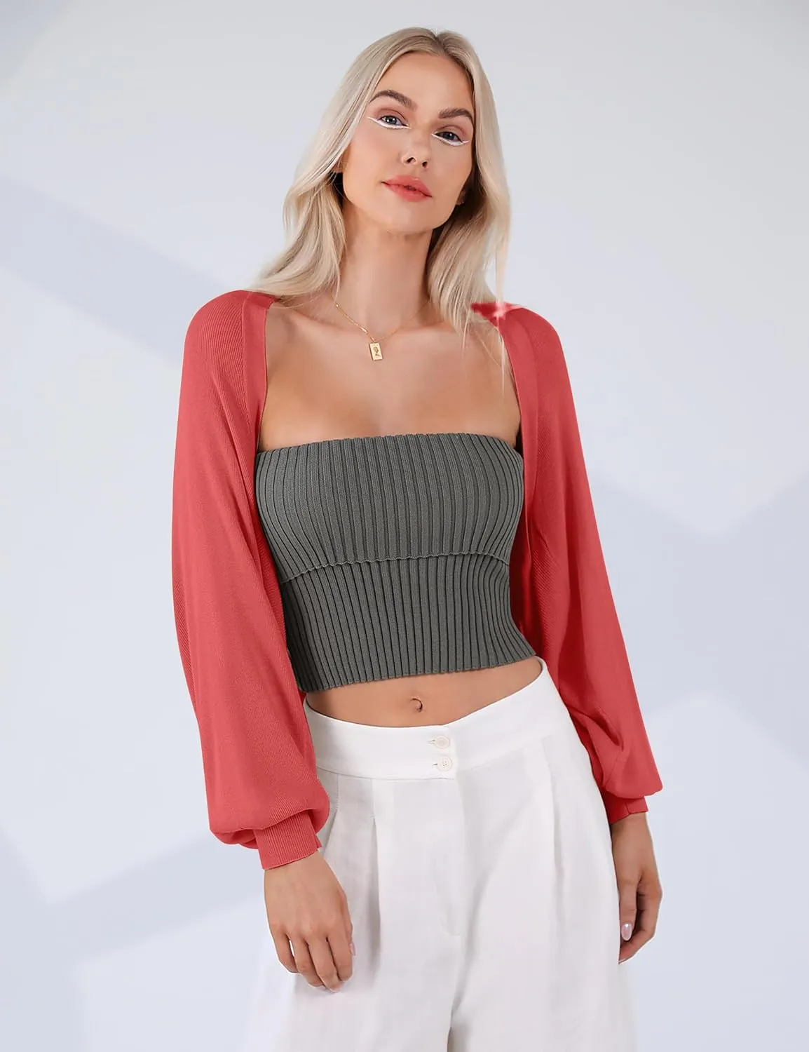Totatuit Women's Y2K Bolero Shrugs Long Batwing Sleeve Knit Cropped Cardigan Drop Shoulder Cardigan with Back Slit
