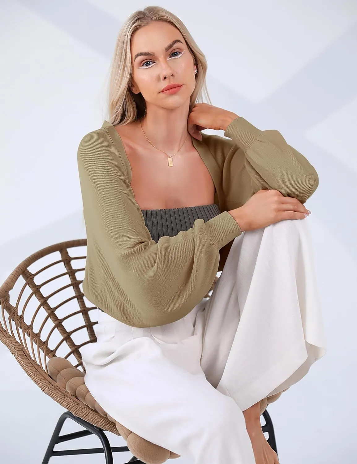 Totatuit Women's Y2K Bolero Shrugs Long Batwing Sleeve Knit Cropped Cardigan Drop Shoulder Cardigan with Back Slit
