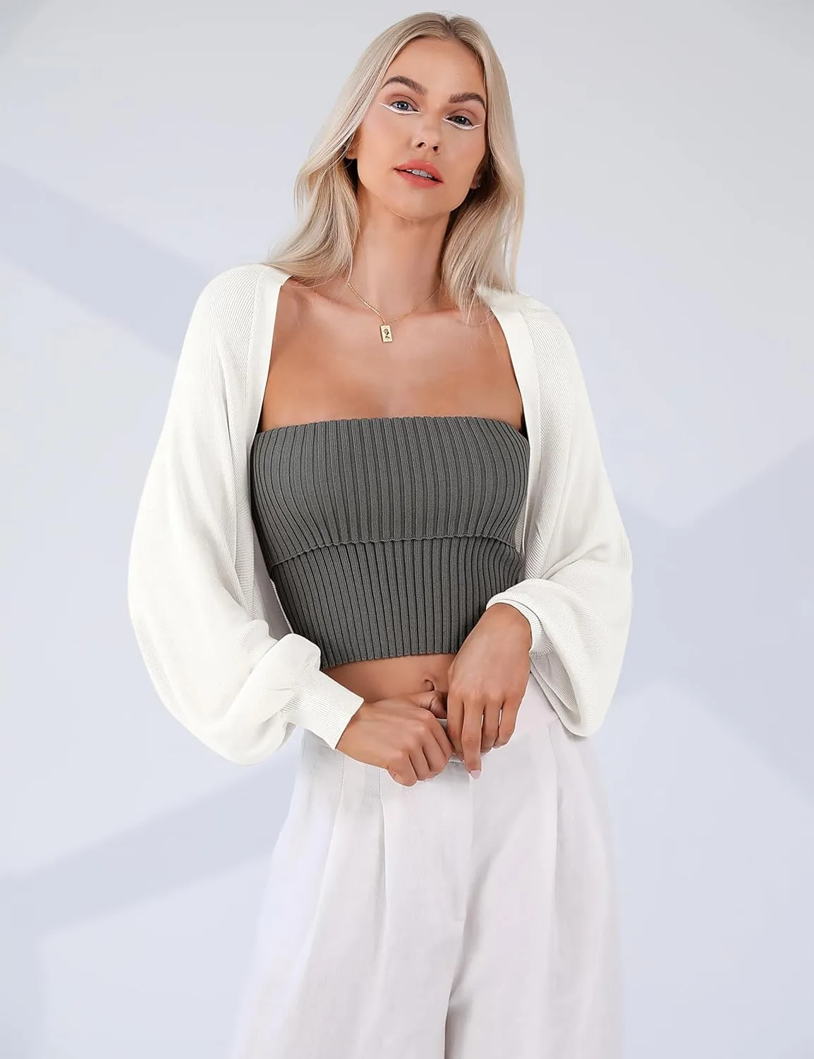 Totatuit Women's Y2K Bolero Shrugs Long Batwing Sleeve Knit Cropped Cardigan Drop Shoulder Cardigan with Back Slit