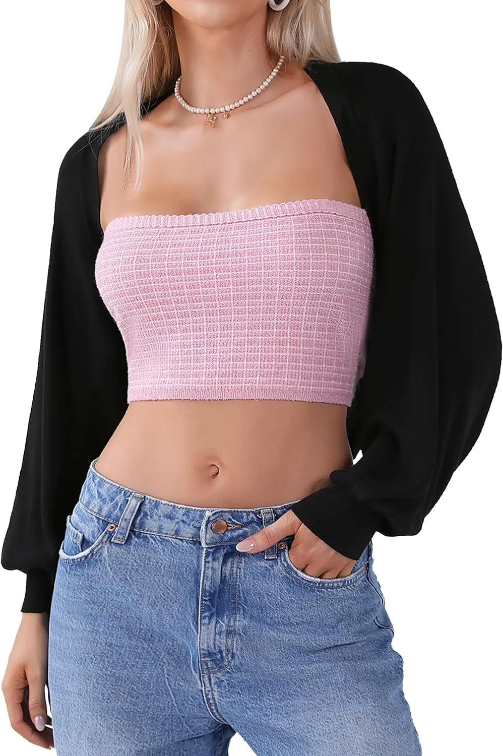 Totatuit Women's Y2K Bolero Shrugs Long Batwing Sleeve Knit Cropped Cardigan Drop Shoulder Cardigan with Back Slit