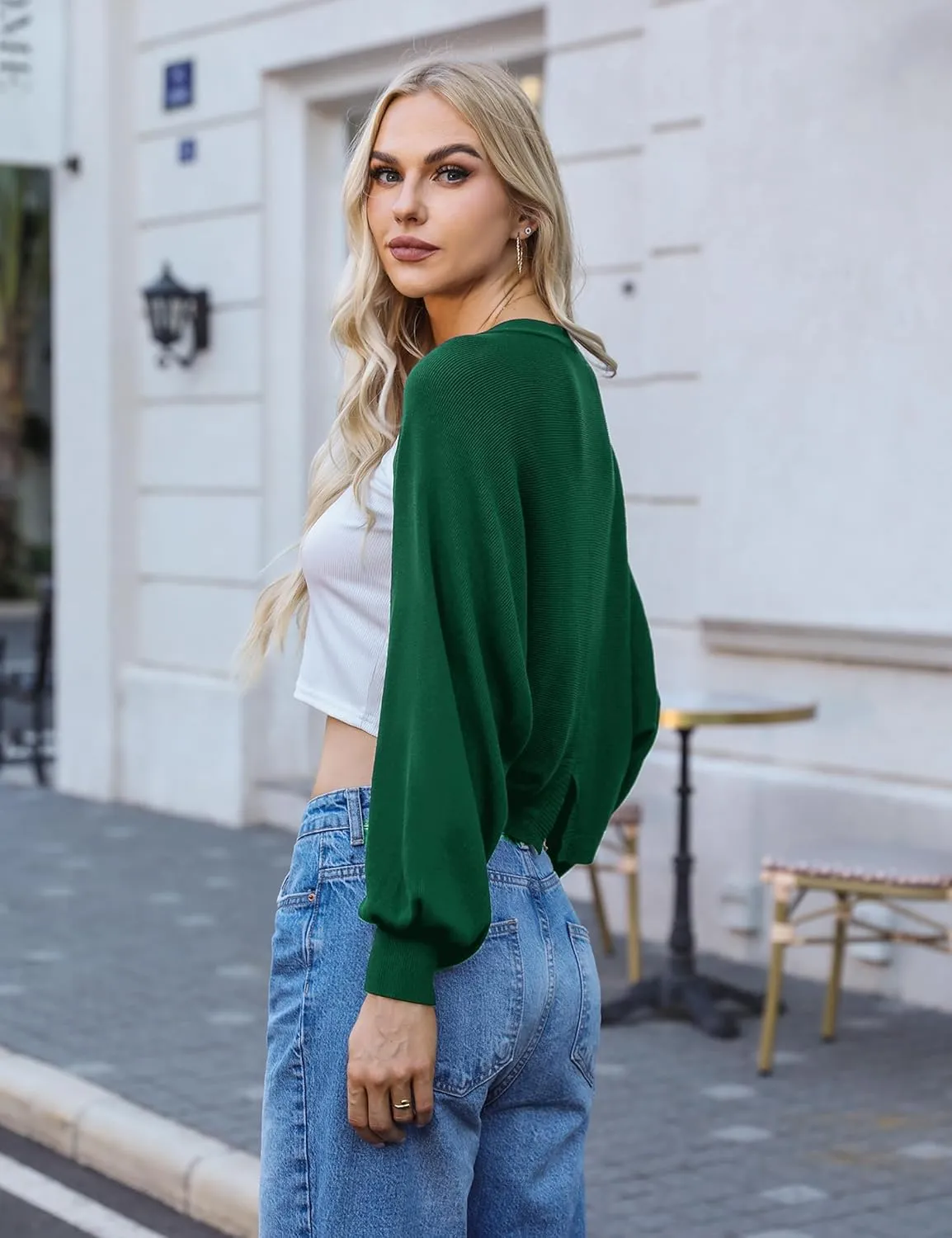 Totatuit Women's Y2K Bolero Shrugs Long Batwing Sleeve Knit Cropped Cardigan Drop Shoulder Cardigan with Back Slit