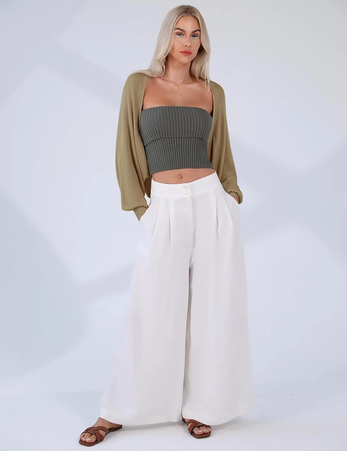 Totatuit Women's Y2K Bolero Shrugs Long Batwing Sleeve Knit Cropped Cardigan Drop Shoulder Cardigan with Back Slit