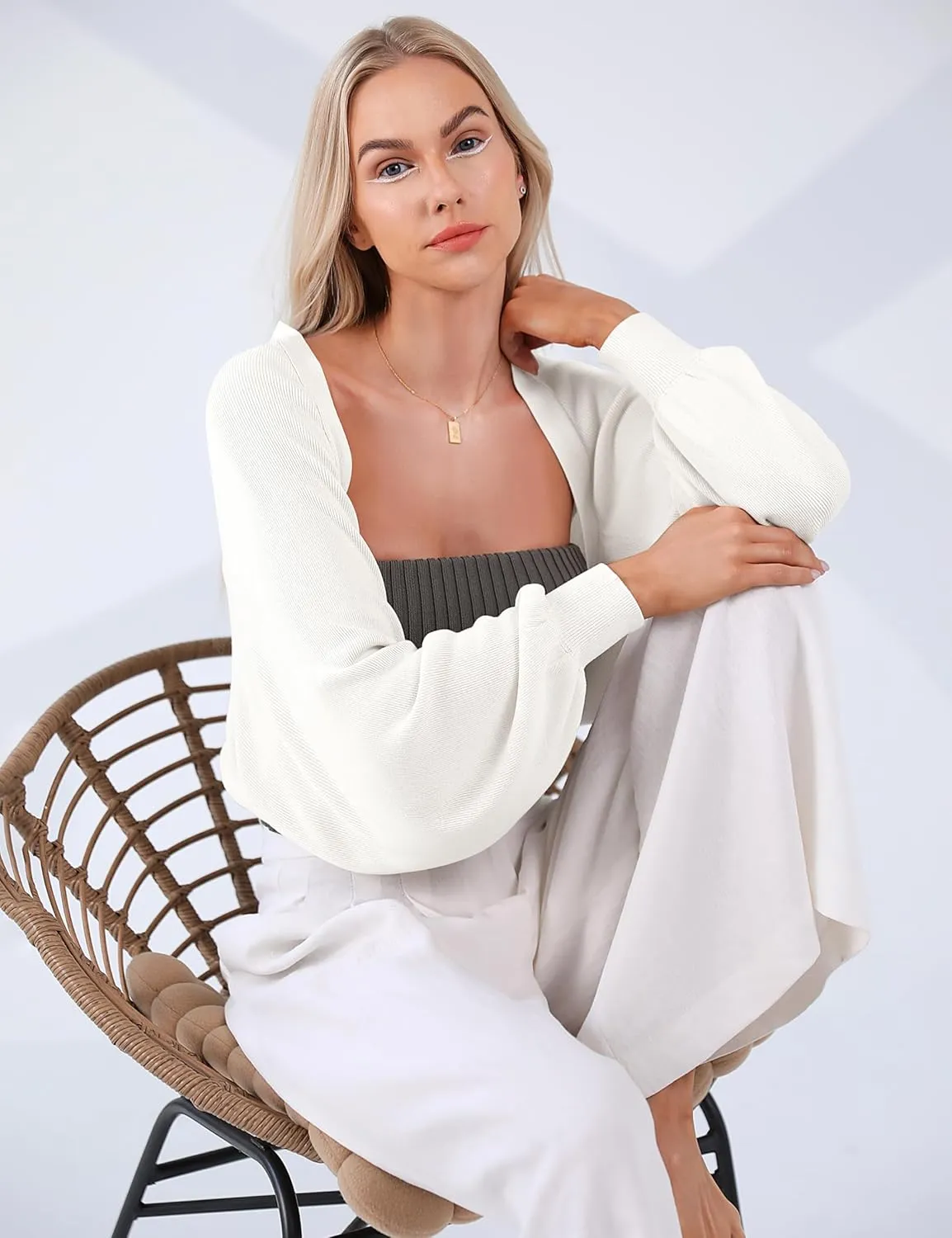 Totatuit Women's Y2K Bolero Shrugs Long Batwing Sleeve Knit Cropped Cardigan Drop Shoulder Cardigan with Back Slit