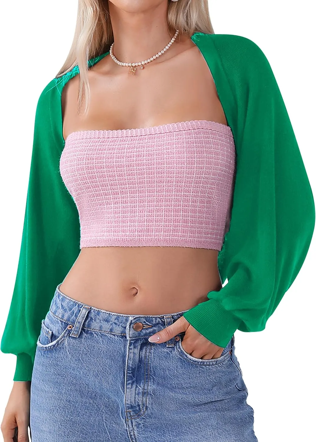 Totatuit Women's Y2K Bolero Shrugs Long Batwing Sleeve Knit Cropped Cardigan Drop Shoulder Cardigan with Back Slit